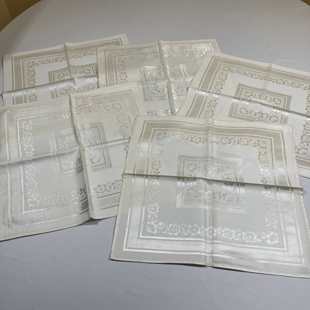 Cloth Napkins Set of Five 15x16 Ivory Floral Damask Satin Sheen Elegant